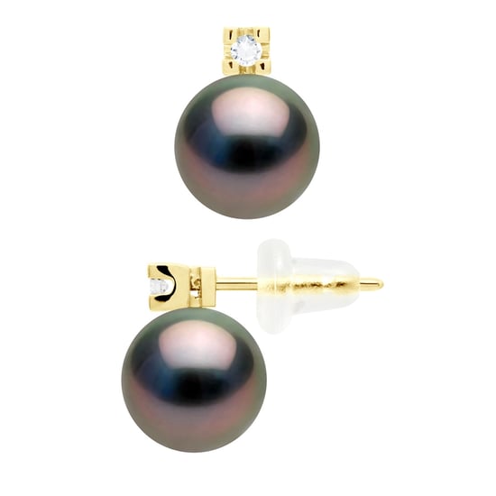 Earrings Prestige - Diamonds 0,04 Cts - in Yellow Gold 750 and Real Cultured Tahiti Pearls Round 8-9 mm