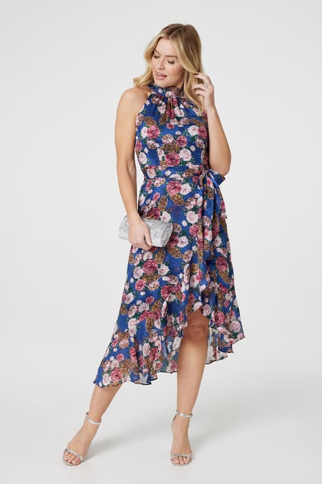 Blue Floral Frill Hem Midi Halter Dress