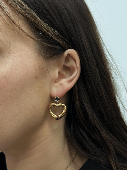 Heart Drop Earrings in Gold with Green Stone - Image 2