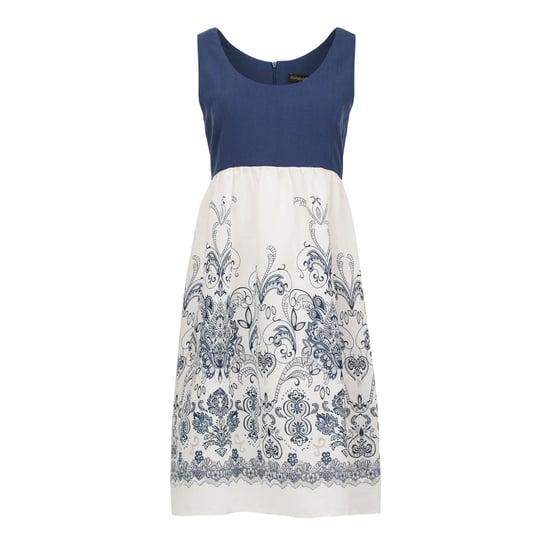 Elegant Sleeveless A-Line Dress with Embroidered Skirt - Blue and White