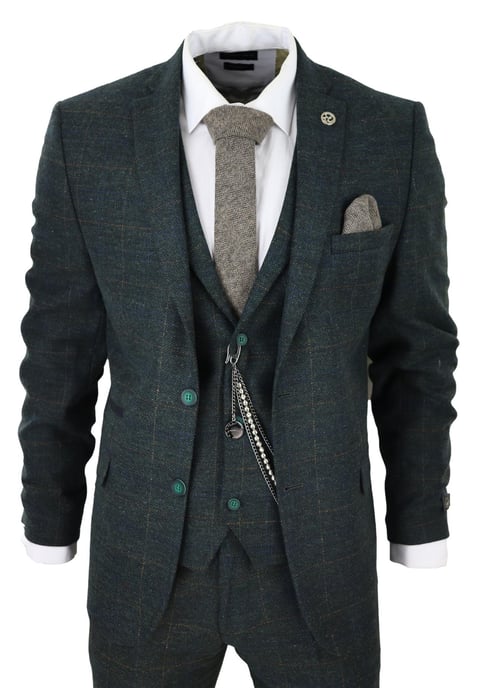 Heren 3-delige Wolkostuum Olijfgroen Tweed Ruit Peaky Blinders 1920 Gatsby Formeel - Image 1