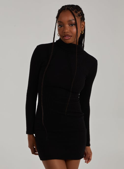 Chunky Brushed Rib Roll Neck Dress