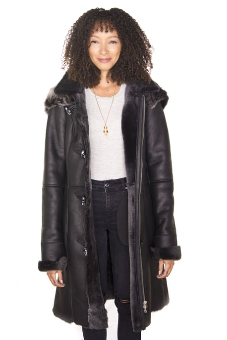 Womens Black Sheepskin Hooded Duffle Coat-Ottawa
