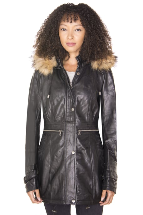 Womens Leather Hooded Parka Jacket-Putian
