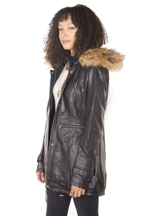 Womens Leather Hooded Parka Jacket-Putian