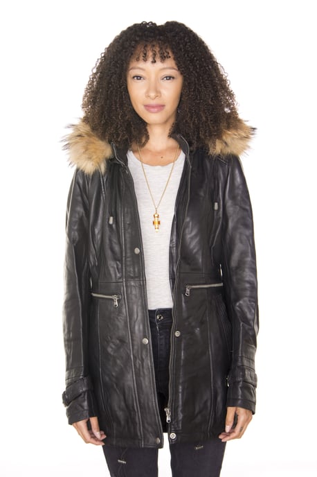 Womens Leather Hooded Parka Jacket-Putian