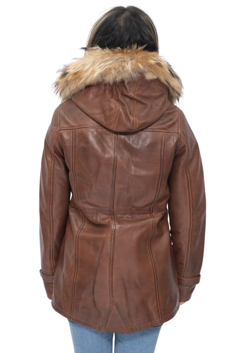 Womens Leather Hooded Parka Jacket-Putian