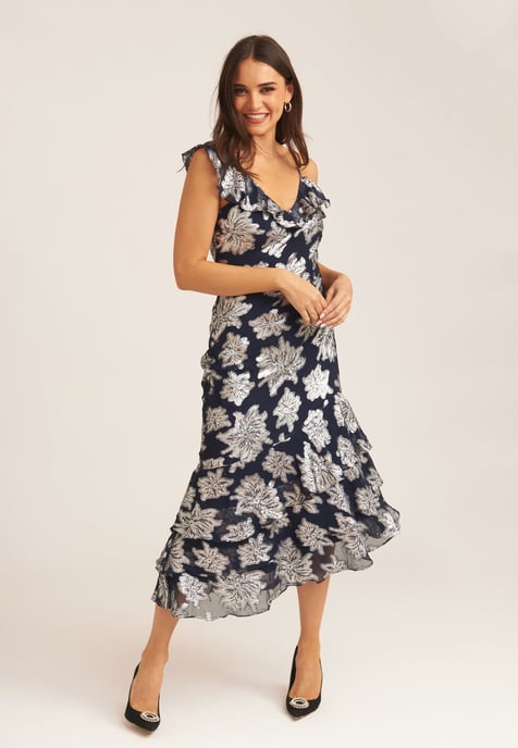 Floral Clipped Tiered Ruffle Midi Dress