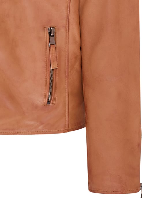 Mens Tan Brando Double Cross Zip Leather Biker Jacket- Fagernes