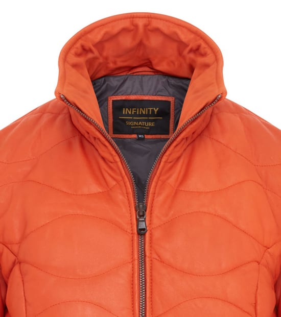 Womens Orange Puffer Quilted Bomber Leather Jacket - Hamar