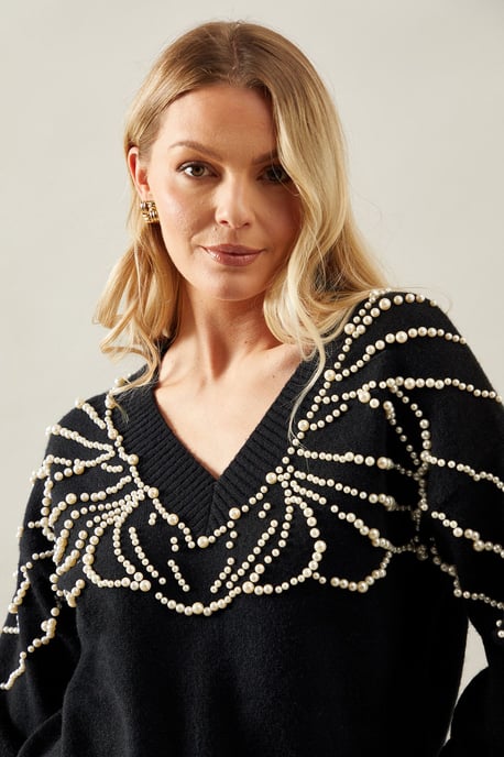 Pearl Embellished V Neck Knitted Jumper