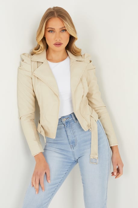 Stone Faux Leather Puff Sleeve Jacket