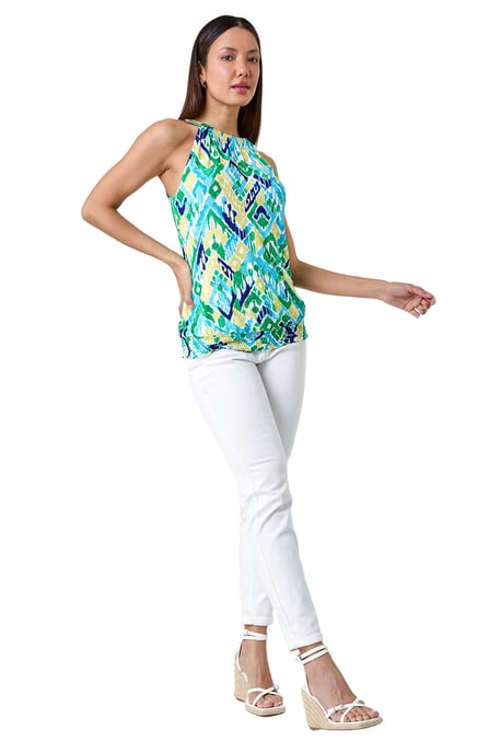 Aztec Print Shirred Stretch Halterneck Top