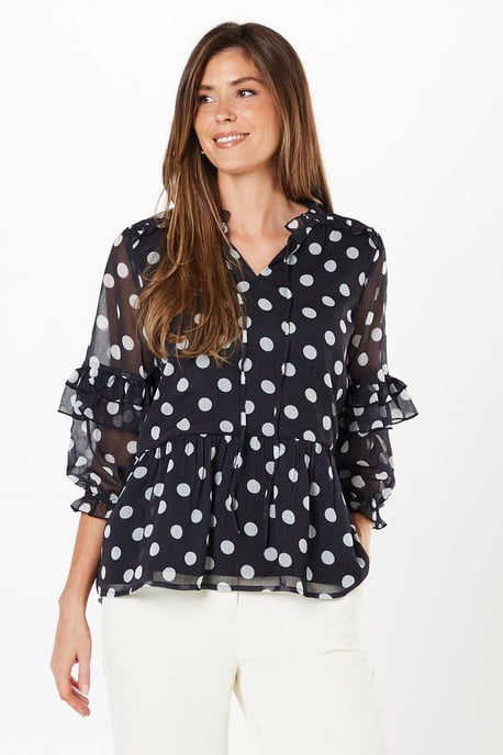 Spot Print Chiffon Ruffle Frill Boho Blouse - Image 1