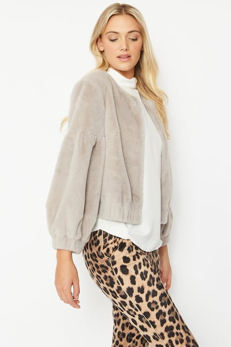 Cashmer Efect Cropped  Faux Fur Jacket with Puff Sleeves