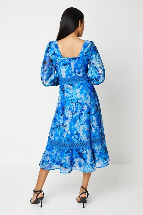 Lace Trim Blouson Organza Midi Dress