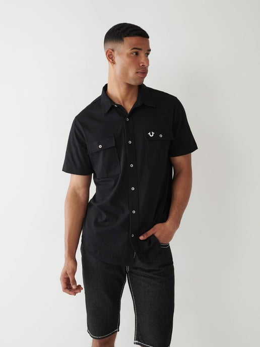 Short Sleeve Triple Needle Knit Shirt in Black