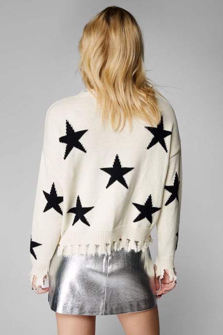 Star Print Frayed Sweater