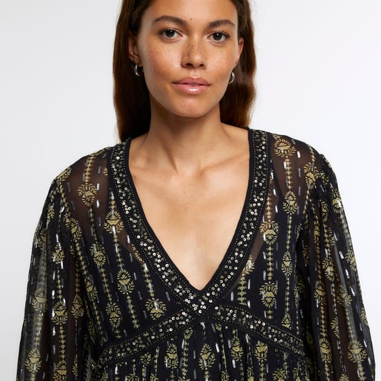 River Island Womens Blouse Black Floral Embellished