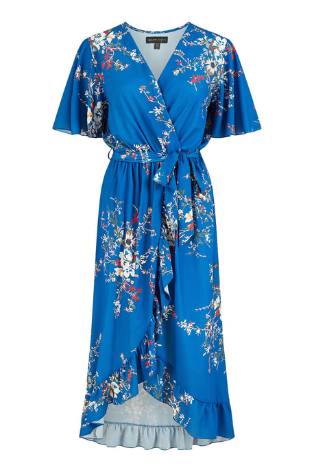 Blue Floral Dip Hem Wrap Midi Dress