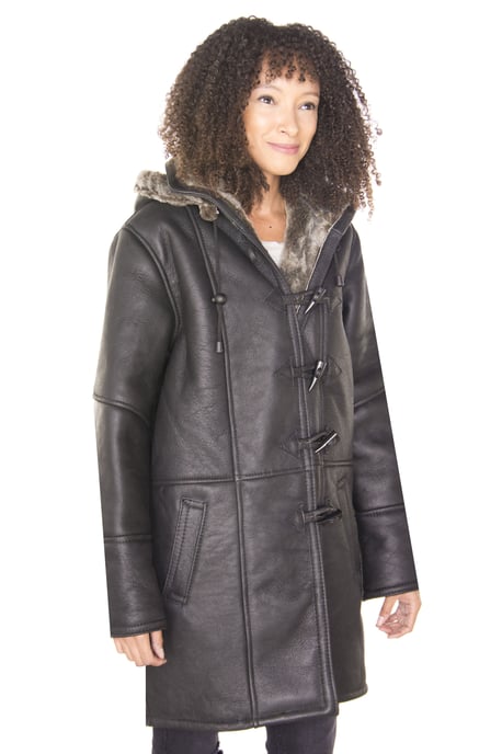 Womens Black Shearling Hooded Duffle Coat-Lille