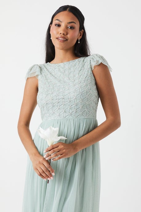 Geometric Embroidered Flutter Sleeve Bridesmaids Midi Dress