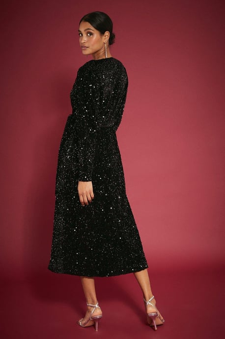 Velvet Sequin Wrap Midi Dress