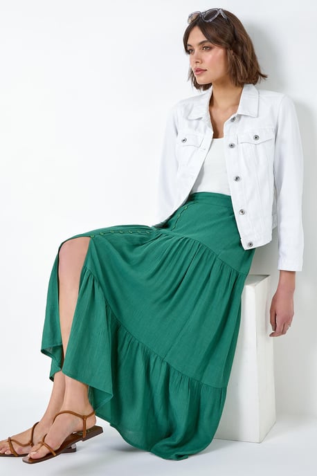 Textured Button A Line Tiered Midi Skirt