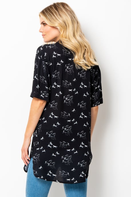 Black & White Horse Print Long Line Shirt