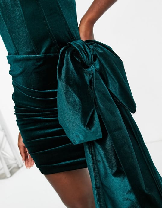 Forever New velvet corseted drape bow mini dress in emerald green