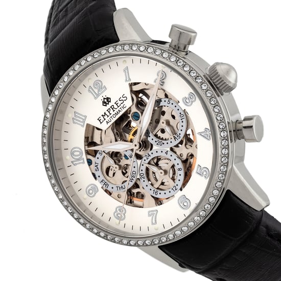Empress Beatrice Automatic Skeleton Dial Leather-Band Watch w/Day/Date