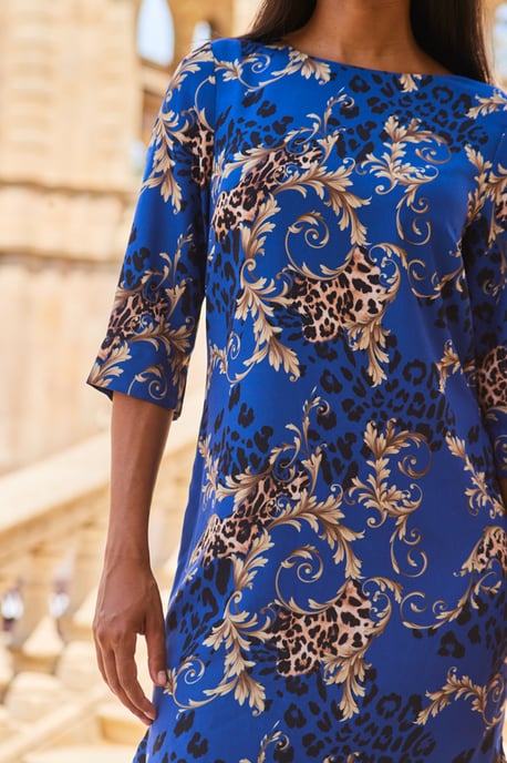 Blue & Gold WOW Print Ruffle Hem Shift Dress