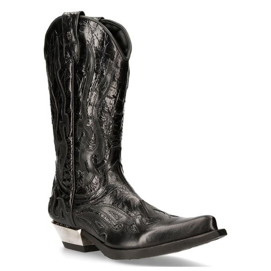 New Rock Flame Accented Black Leather Biker Cowboy Boots- M-7921-S1