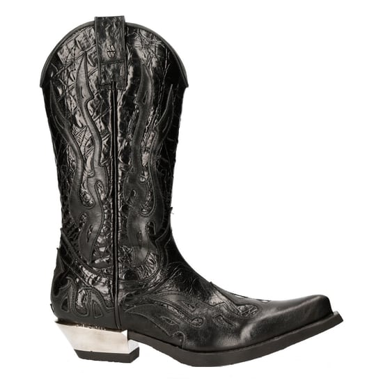 New Rock Flame Accented Black Leather Biker Cowboy Boots- M-7921-S1
