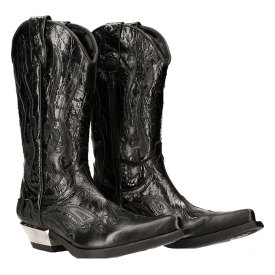 New Rock Flame Accented Black Leather Biker Cowboy Boots- M-7921-S1