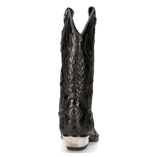 New Rock Flame Accented Black Leather Biker Cowboy Boots- M-7921-S1