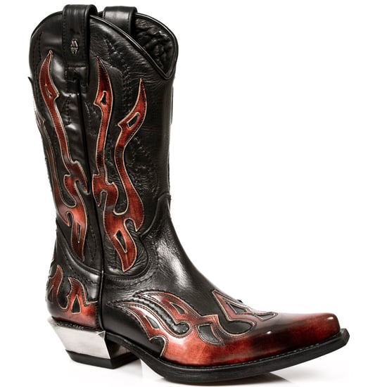 New Rock Flame Accented Black/Red Mid-Calf Cowboy Boots-7921-S2