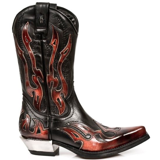 New Rock Flame Accented Black/Red Mid-Calf Cowboy Boots-7921-S2