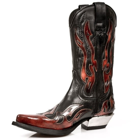 New Rock Flame Accented Black/Red Mid-Calf Cowboy Boots-7921-S2