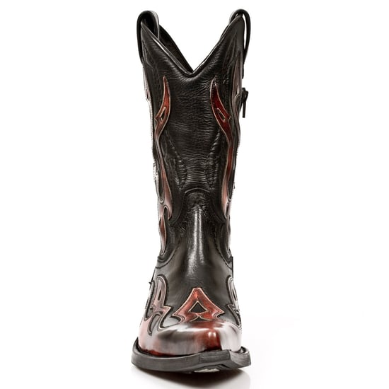 New Rock Flame Accented Black/Red Mid-Calf Cowboy Boots-7921-S2