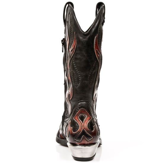 New Rock Flame Accented Black/Red Mid-Calf Cowboy Boots-7921-S2