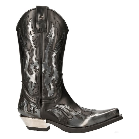 New Rock Flame Accented Black/Silver Leather Biker Cowboy Boots- M-7921-S3