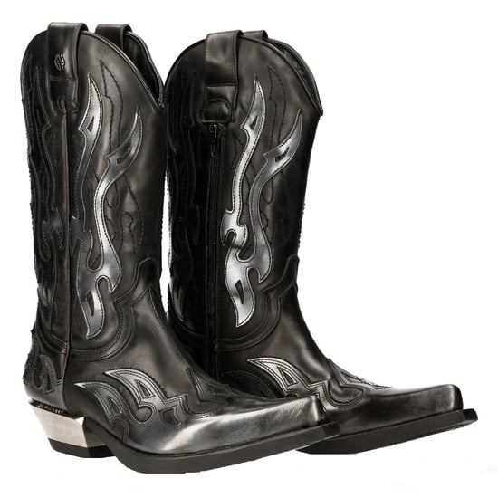 New Rock Flame Accented Black/Silver Leather Biker Cowboy Boots- M-7921-S3