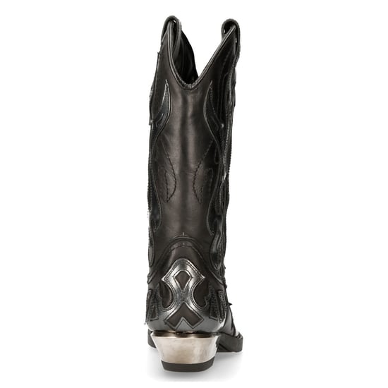 New Rock Flame Accented Black/Silver Leather Biker Cowboy Boots- M-7921-S3