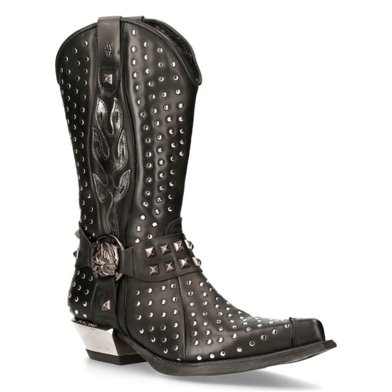 New Rock Black Leather Studded Cowboy Boots- M-7928-S1