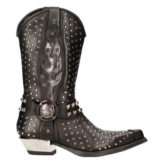 New Rock Black Leather Studded Cowboy Boots- M-7928-S1
