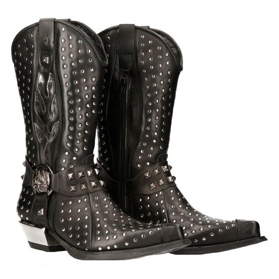 New Rock Black Leather Studded Cowboy Boots- M-7928-S1