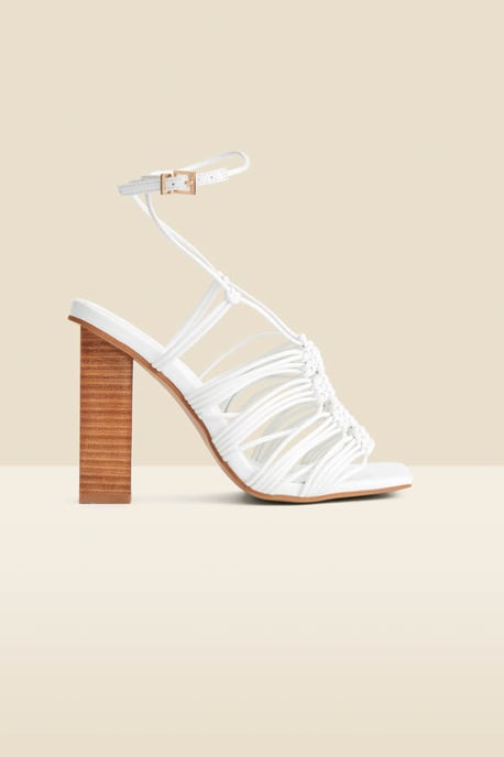 White Gladiator Square Toe Block Heel Sandals