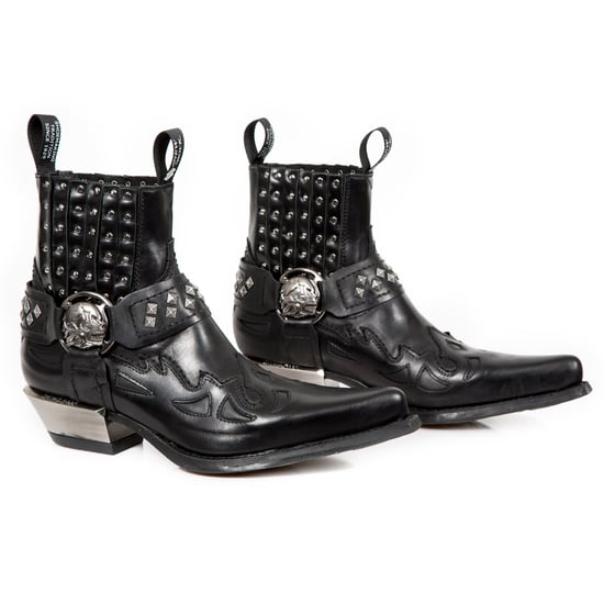New Rock Studded Black Leather Western Biker Boots-7950-S1
