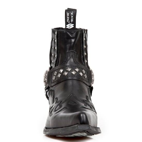 New Rock Studded Black Leather Western Biker Boots-7950-S1